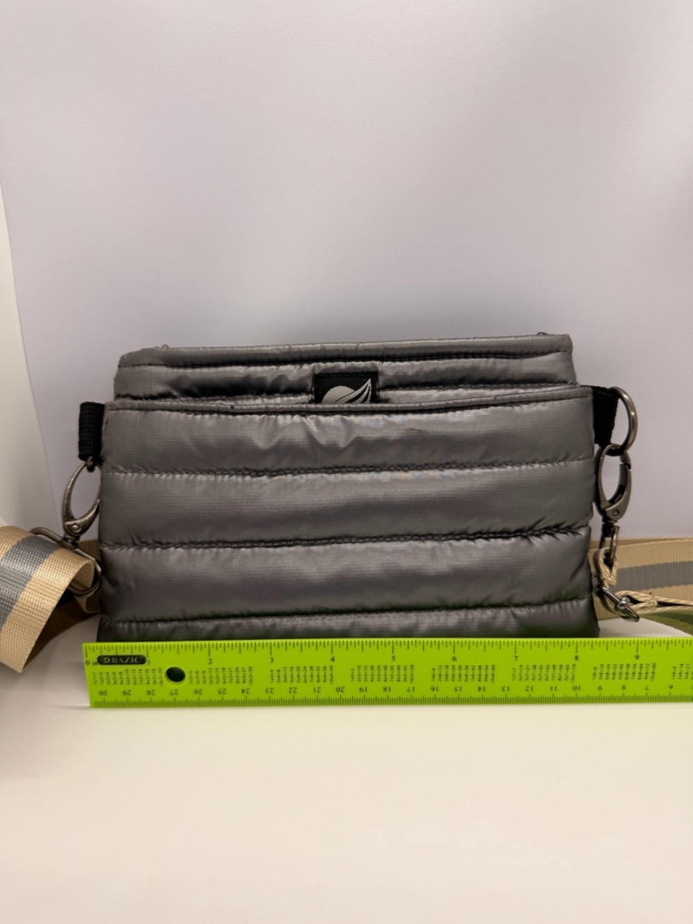 THINK ROYLN Quilted Crossbody Bag in Black with Beige-Gray Stripe Strap - Picture 4 of 13